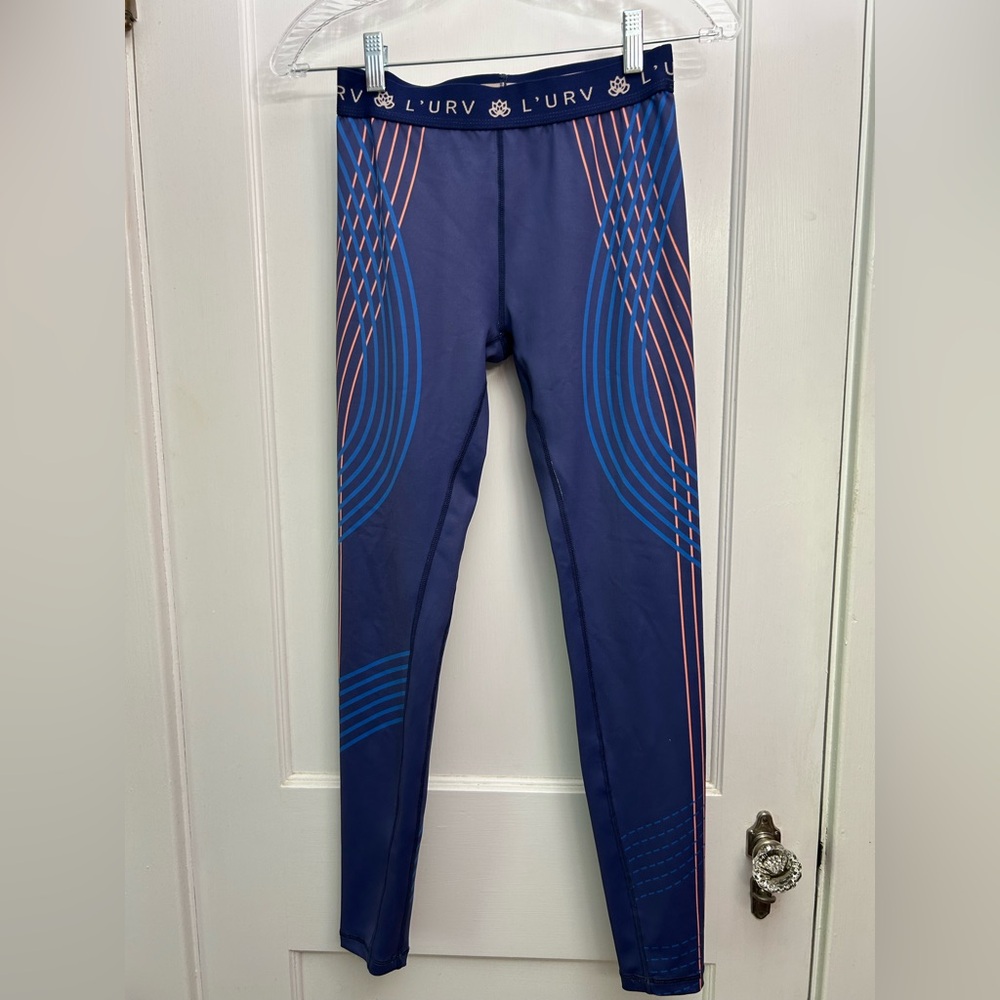 L'URV Leggings Navy Peach Striped Pants Running Elastic Exercise Size Small